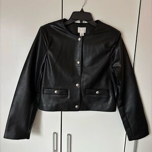 H&M Black Collarless Vegan Leather Jacket with Silver buttons closure